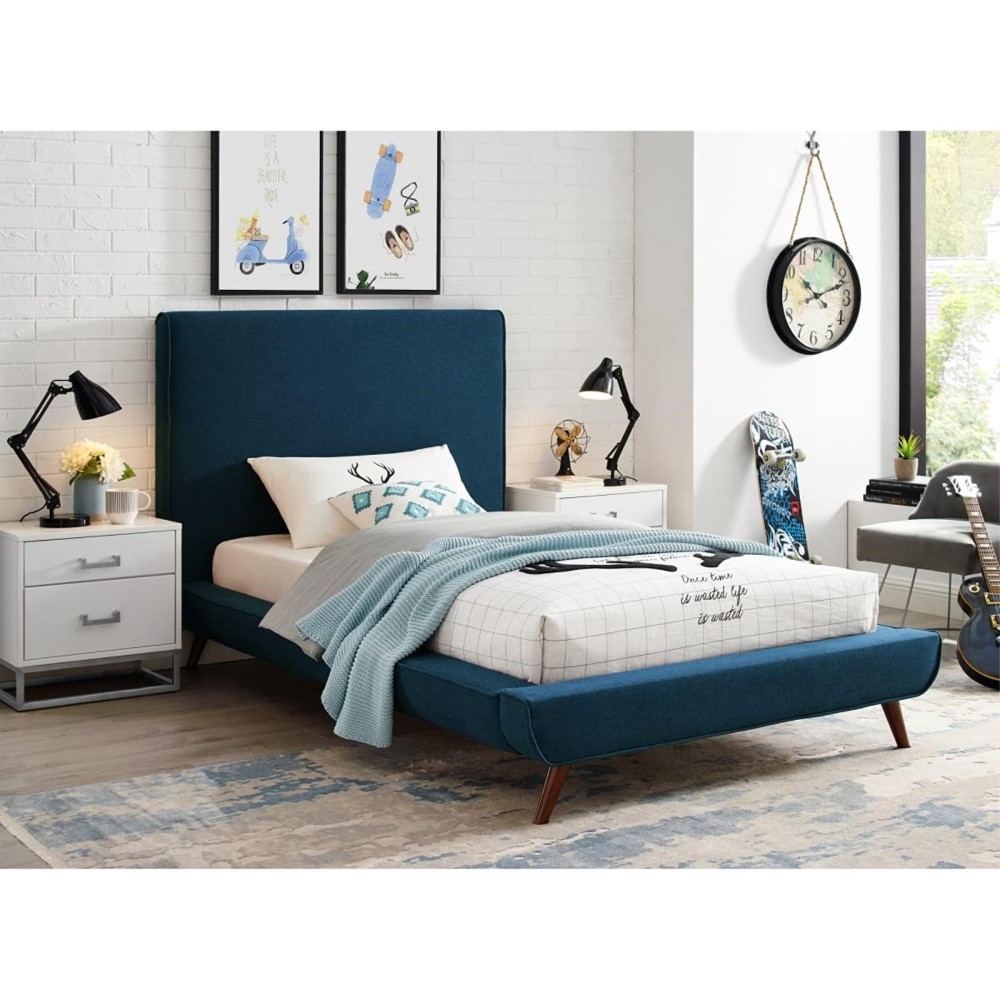 Lyle Linen Upholstered Twin Platform Bed, Denim