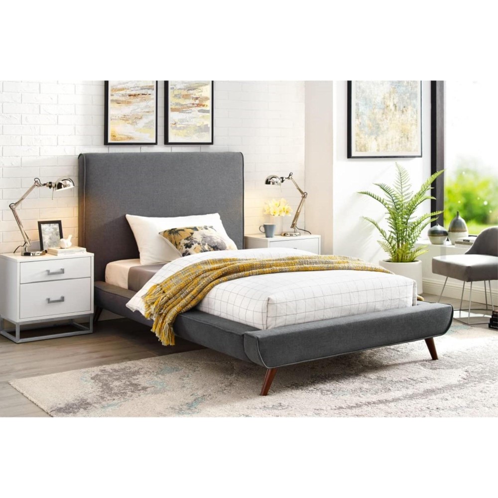 Lyle Linen Upholstered Twin Platform Bed, Grey