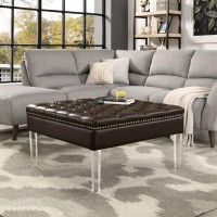 Luke Pu Leather Oversized Button Tufted With Silver Nailhead Trim Clear Acrylic Legs Ottoman Coffee Table , Espresso