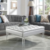 Luke Pu Leather Oversized Button Tufted With Silver Nailhead Trim Clear Acrylic Legs Ottoman Coffee Table , Silver
