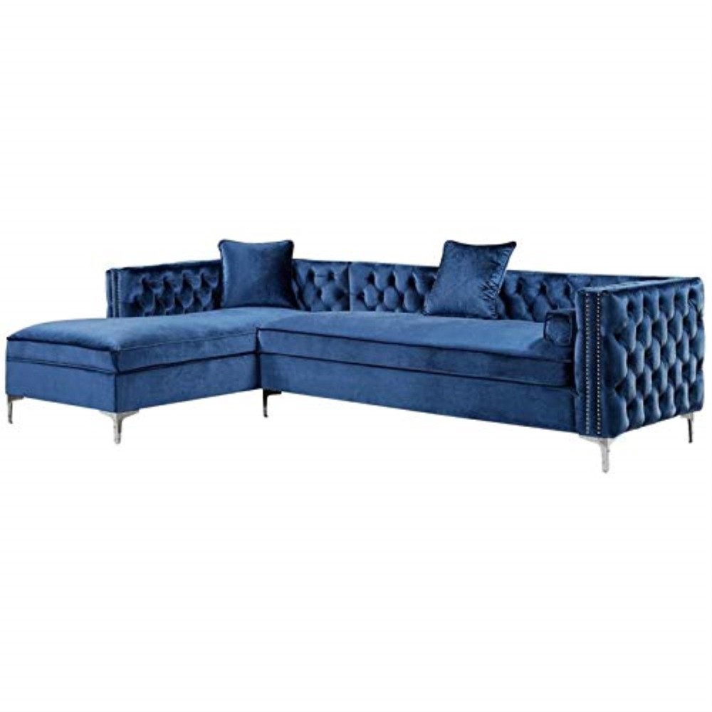 Levi Velvet Modern Contemporary Button Tufted With Silver Nailhead Trim Metal Y-Leg Left Facing Chaise Sectional Sofa, Navy