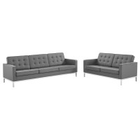 Loft Tufted Upholstered Faux Leather Sofa And Loveseat Set Silver Gray
