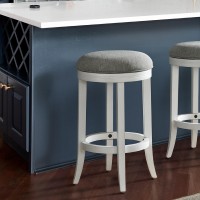 New Ridge Home Goods Avery 25In. Counter-Height Wood Backless Barstool With Upholstered Grey Swivel Seat, White Frame
