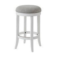 New Ridge Home Goods Avery 25In. Counter-Height Wood Backless Barstool With Upholstered Grey Swivel Seat, White Frame