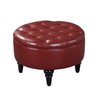 Cristo 24 Round Ottoman Footstool With Storage, Reversible Top & Button Tufts, Red Vinyl, Transitional