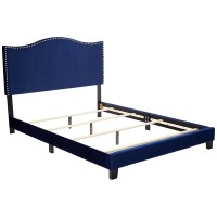 Skye Upholstered Panel Bed, Blue Velvet, Full, With Solid Wood Legs, Nailhead Headboard, Footboard, Rails, Slats