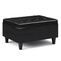 Harrison 34 Inch Wide Transitional Rectangle Small Coffee Table Storage Ottoman In Midnight Black Faux Leather