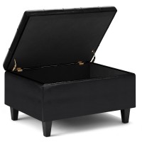 Harrison 34 Inch Wide Transitional Rectangle Small Coffee Table Storage Ottoman In Midnight Black Faux Leather