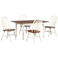 Sunset Trading Andrews 5 Piece 60 Rectangular Extendable Dining Set With 4 Arrowback Chairs | Butterfly Leaf Table | Antique White And Chestnut Brown | Seats 6