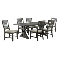 Sunset Trading Trestle 7 Piece Dining Set | 96 Rectangular Extendable Table | 6 Upholstered Side Chairs | Distressed Gray Wood | Seats 8