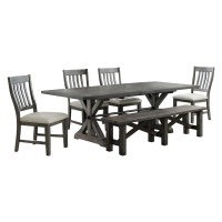 Sunset Trading Trestle 6 Piece Dining Set With Bench | 96 Rectangular Extendable Table | 4 Upholstered Side Chairs | Distressed Gray Wood | Seats 8