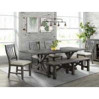Sunset Trading Trestle 6 Piece Dining Set With Bench | 96 Rectangular Extendable Table | 4 Upholstered Side Chairs | Distressed Gray Wood | Seats 8