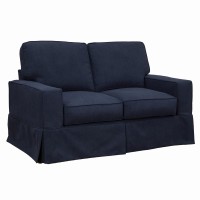 Sunset Trading Americana Box Cushion Slipcovered Loveseat | Stain Resistant Performance Fabric | Navy Blue