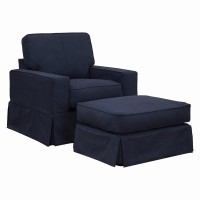 Sunset Trading Americana Box Cushion Slipcovered Chair And Ottoman Set | Stain Resistant Performance Fabric | Navy Blue