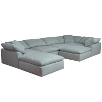 Sunset Trading Contemporary Puff Collection 7Pc Slipcovered Modular U-Shaped Pit Sectional Sofa, Performance Fabric Washable Water-Resistant Stain-Proof, 176 Deep-Seating Down-Filled Lounge Couch, Ocean Blue