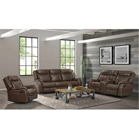 Sunset Trading Avant 3 Piece Reclining Living Room Set | Sofa With Drop Down Console Usb, 2 Outlets, Cupholders | Dual Rocking Loveseat With Storage | Swivel Rocker | Brown Faux Leather