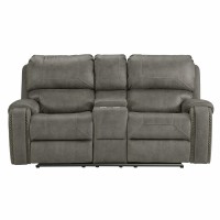Sunset Trading Calvin 78 Wide Dual Reclining Loveseat With Storage Console | Nailheads | Easy To Clean Gray Fabric