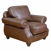 Sunset Trading Charleston 42 Wide Top Grain Leather Armchair | Chestnut Brown Rolled Arm Accent Chair With Nailheads