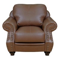Sunset Trading Charleston 42 Wide Top Grain Leather Armchair | Chestnut Brown Rolled Arm Accent Chair With Nailheads