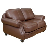 Sunset Trading Charleston 63 Wide Top Grain Leather Loveseat | Chestnut Brown Rolled Arm Small Couch With Nailheads