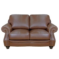 Sunset Trading Charleston 63 Wide Top Grain Leather Loveseat | Chestnut Brown Rolled Arm Small Couch With Nailheads