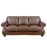 Sunset Trading Charleston 86 Wide Top Grain Leather Sofa | Chestnut Brown 3 Seater Rolled Arm Couch With Nailheads