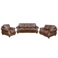 Sunset Trading Charleston 3 Piece Top Grain Leather Living Room Set | Chestnut Brown Rolled Arm Sofa Loveseat And Chair With Nailheads