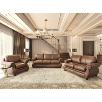Sunset Trading Charleston 3 Piece Top Grain Leather Living Room Set | Chestnut Brown Rolled Arm Sofa Loveseat And Chair With Nailheads
