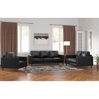 Sunset Trading Prelude 3 Piece Black Top Grain Leather Living Room Set | Mid Century Modern Sofa Loveseat And Chair