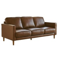 Sunset Trading Prelude 79 Wide Top Grain Leather Sofa | Chestnut Brown | Mid Century Modern 3 Seater Couch