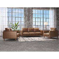 Sunset Trading Prelude 3 Piece Top Grain Leather Living Room Set | Chestnut Brown | Mid Century Modern Sofa Loveseat And Chair