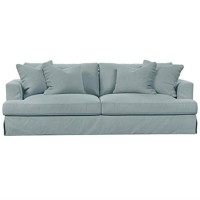 Sunset Trading Newport Slipcovered Recessed Fin Arm 94 Sofa | Stain Resistant Performance Fabric | 4 Throw Pillows | Ocean Blue