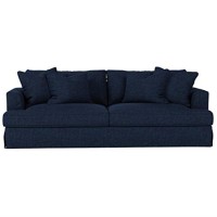 Sunset Trading Newport Slipcovered Recessed Fin Arm 94 Sofa | Stain Resistant Performance Fabric | 4 Throw Pillows | Navy Blue