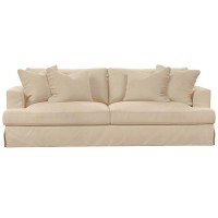 Sunset Trading Newport Slipcovered Recessed Fin Arm 94 Sofa | Stain Resistant Performance Fabric | 4 Throw Pillows | Tan