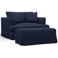 Sunset Trading Newport Slipcovered 52 Wide Chair And A Half With Ottoman | Stain Resistant Performance Fabric | 2 Throw Pillows | Navy Blue