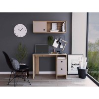 Tuhome Khali Office Set, Two Shelves, Countertop Table, Two Drawers, Wall Cabinet, One Door Cabinets- Light Oak+Taupe , For Office
