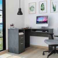 Tuhome Mix L-Shaped Desk, Countertop Desk, Flexible Shelf For Keyboard, Two Drawers, One Open Shelf, Grey Oak, For Office