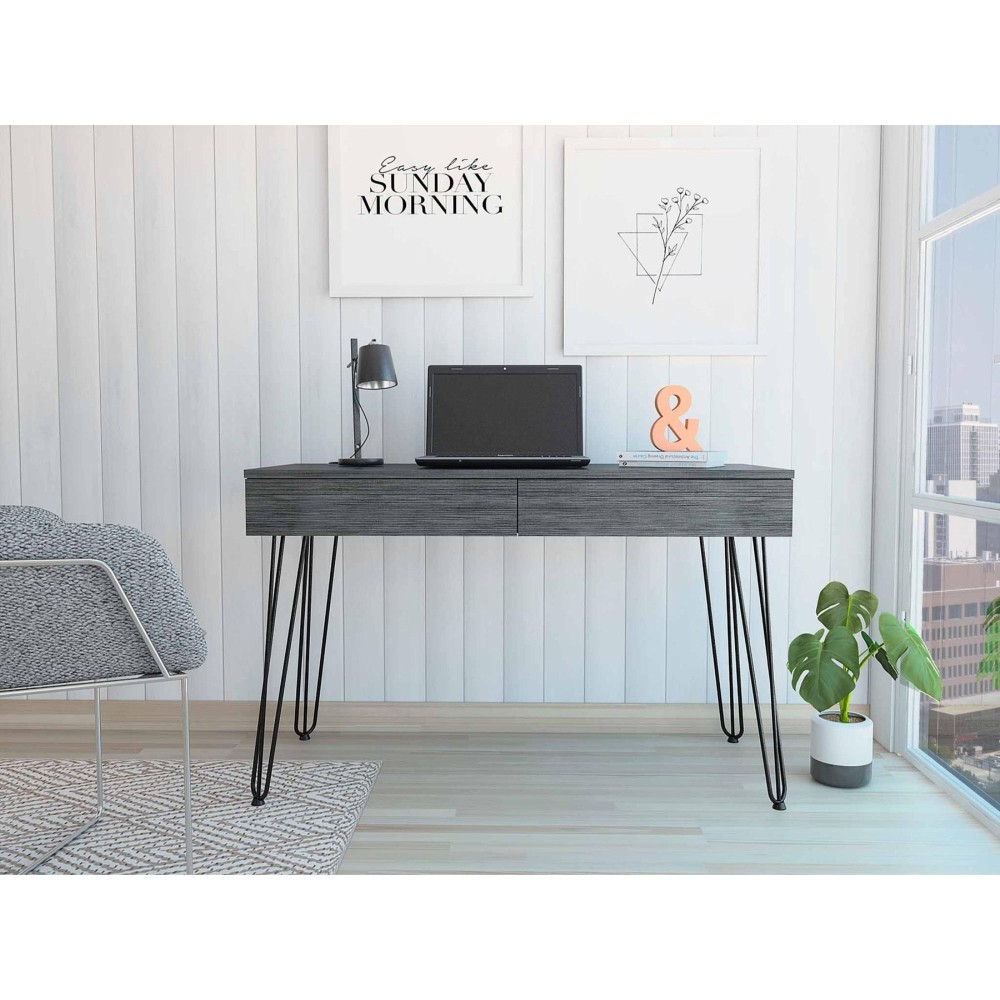 Tuhome Mumbai Desk , Four Legs, Two Drawers, Countertop, Grey Oak, For Office