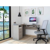 Tuhome Mix L-Shaped Desk, Countertop Desk, Flexible Shelf For Keyboard, Two Drawers, One Open Shelf, Light Oak, For Office
