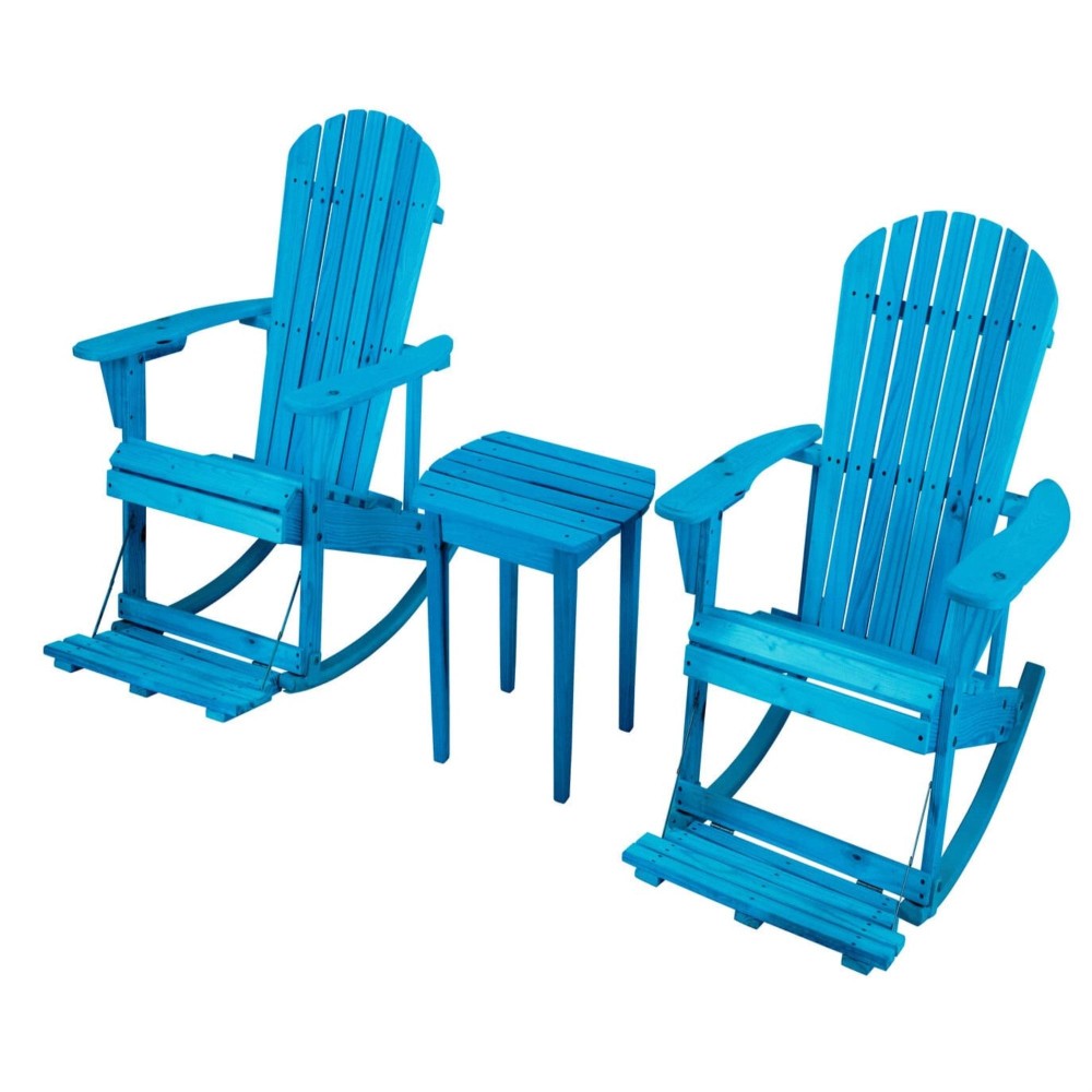 Zero Gravity Collection Sky Blue Adirondack Rocking Chair With Built-In Footrest Set Of 2 Rocking Chairs And 1 End Table