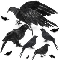 Websun Halloween Crow Decorations 5 Pack Realistic Handmade Black Feather Crows Prop Fly And Stand Crows Ravens For Outdoors An