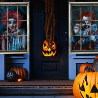 Preboun 2 Pcs Clown Halloween Window Decoration Scary Halloween Window Silhouette Horror Halloween Window Cover Halloween Curtai