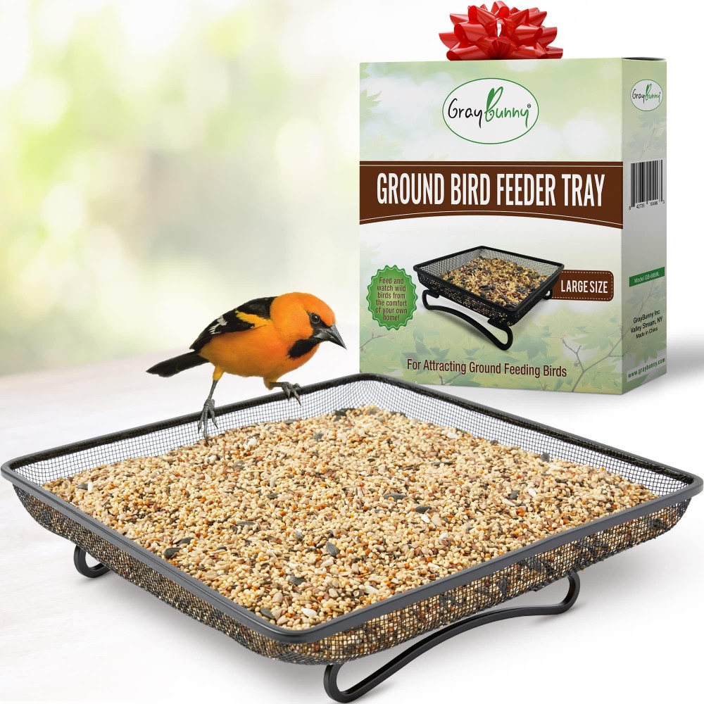 Gray Bunny Ground Bird Feeder Tray Metal Platform Bird Feeder Large Dish Size 11 X 11 Inches Durable Rust Resistant Feeder For