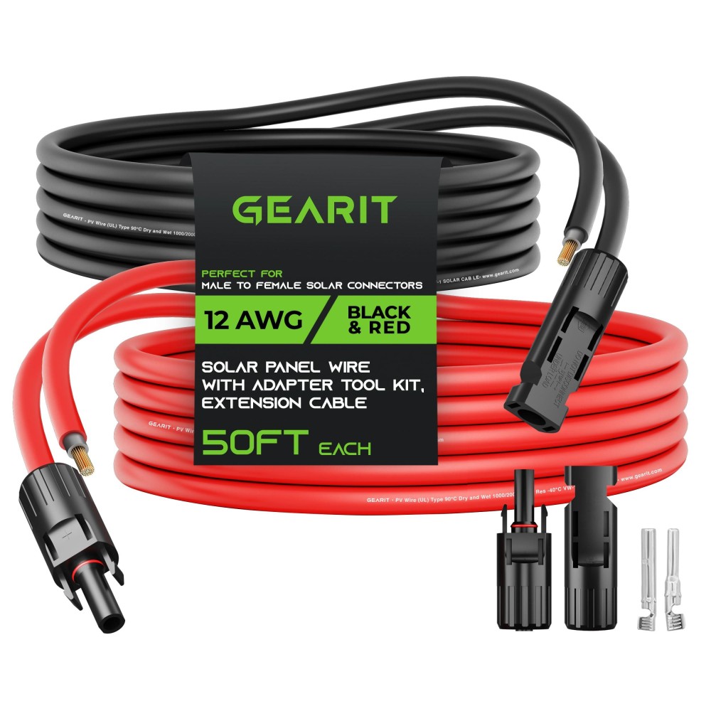 Gearit 12Awg Solar Extension Cable 50Ft Black 50Ft Red Male To Female Solar Connectors With Adapter Tool Kit Solar Panel Re