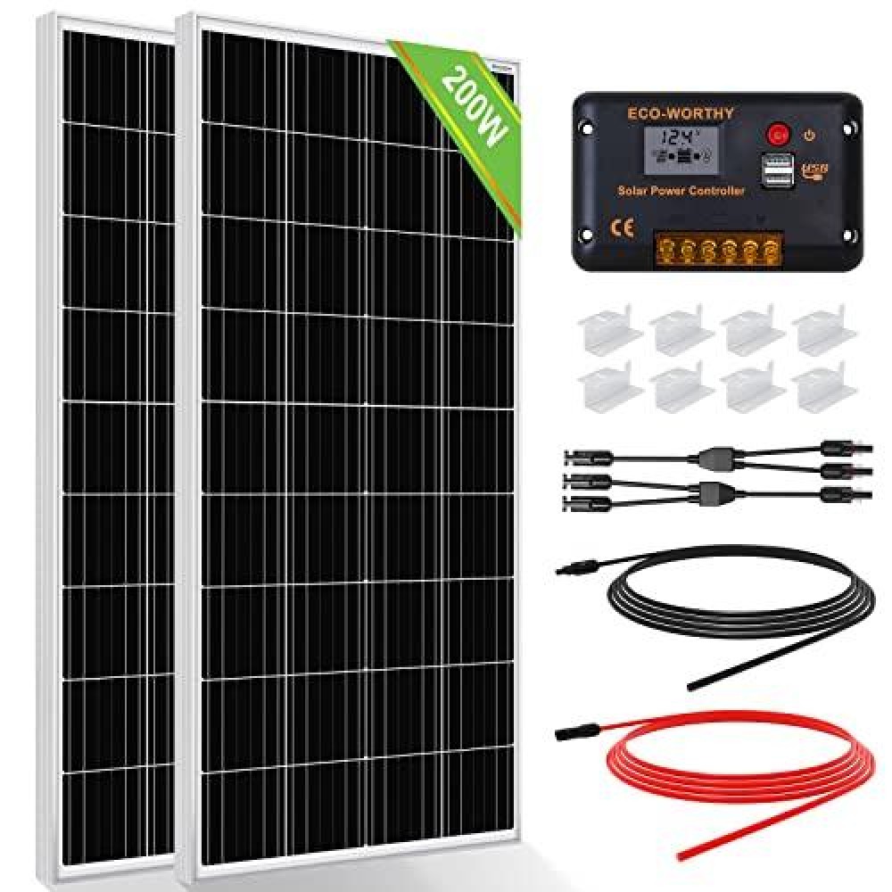 Ecoworthy 200 Watts 12 Volt24 Volt Solar Panel Kit With High Efficiency Monocrystalline Solar Panel And 30A Pwm Charge Control