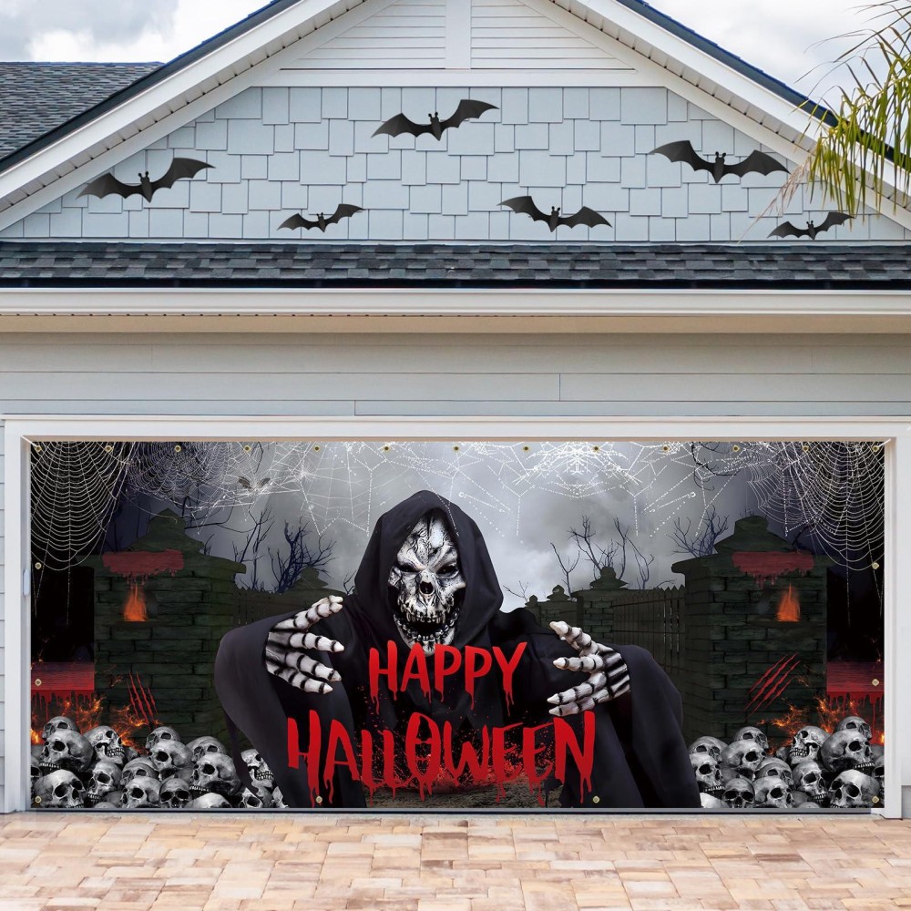 Vlipoeasn Halloween Garage Door Decorations 7X16 Ft Halloween Garage Door Cover Banner Skull Ghosts Halloween Outdoor Party Ph