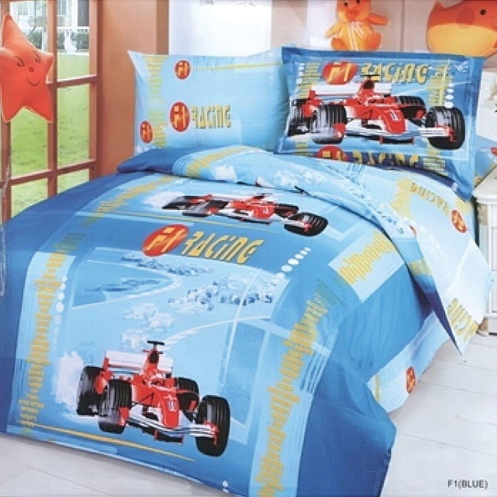 Win Size Duvet Cover Set Car Racing Blue Kids Bedding