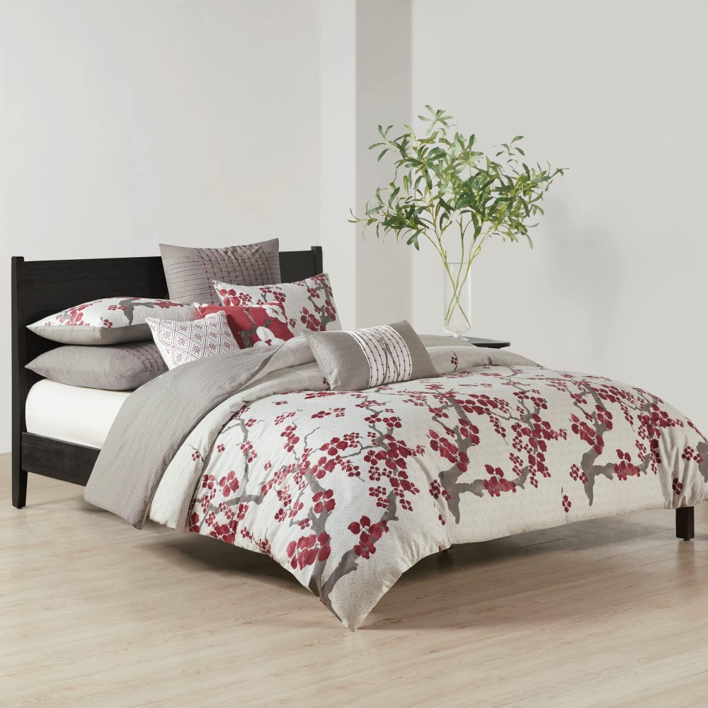 N Natori Cherry Blossom Duvet Cover Queen Size Red Grey Cherry Blossom Duvet Cover Set 3 Piece 100 Cotton Sateen Light