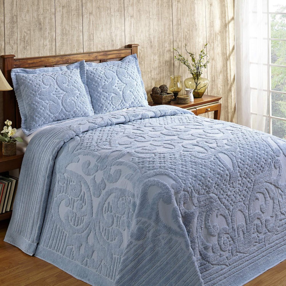 Better Trends Ashton Collection 100 Cotton Chenille Bedspread Medallion Design King Size Floral Design Bed Cover in Blue Tuft