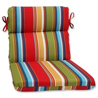 Pillow Perfect Stripe Indoor/Outdoor 1 Piece Split Back Round Corner Chair Seat Cushion With Ties, Deep Seat, Weather, And Fade Resistant, 40.5